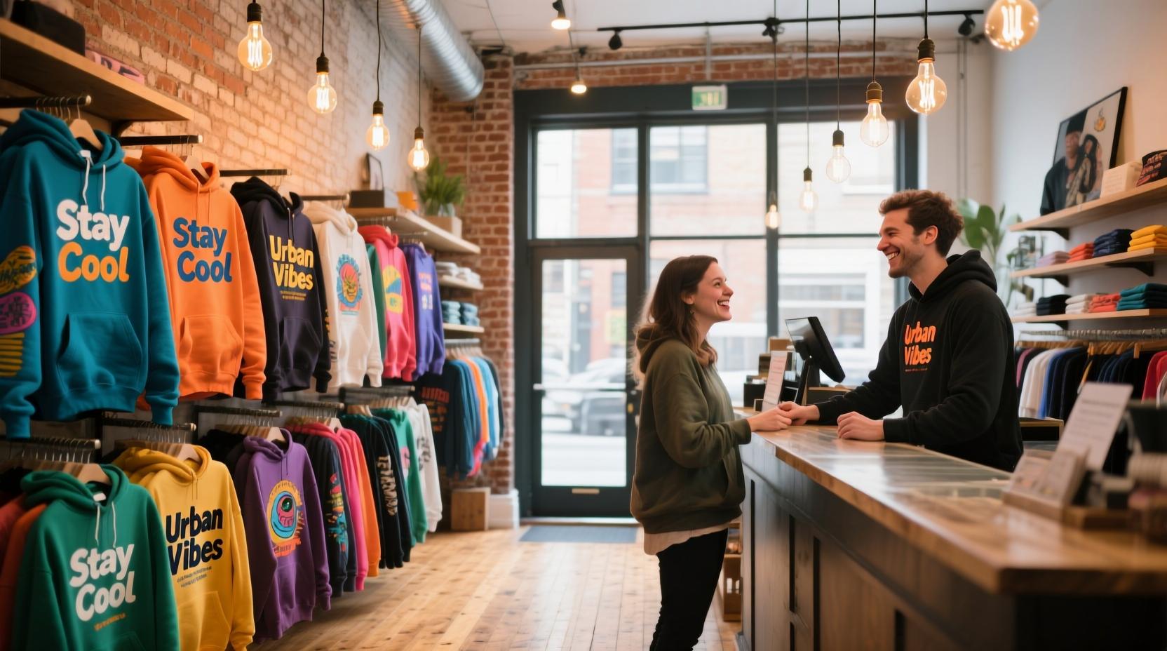 A person wearing a stylish sweatshirt with a neon game-inspired print